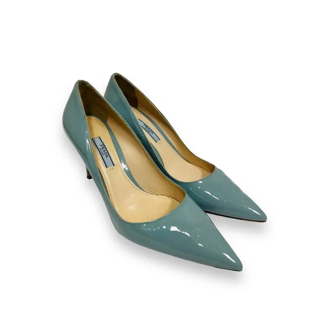 PRADA Blue Patent Leather Pointed Toe Heels 100 mm Pumps 39 US 9 - Picture 4 of 8